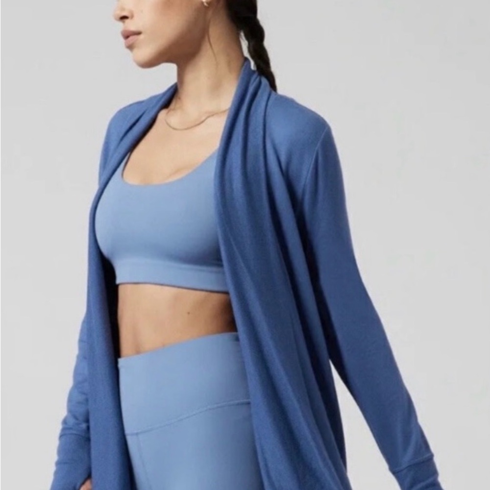 Athleta Sweater Blue Cardigan Pranayama Open Waterfall w Pockets & Thumbholes-M
